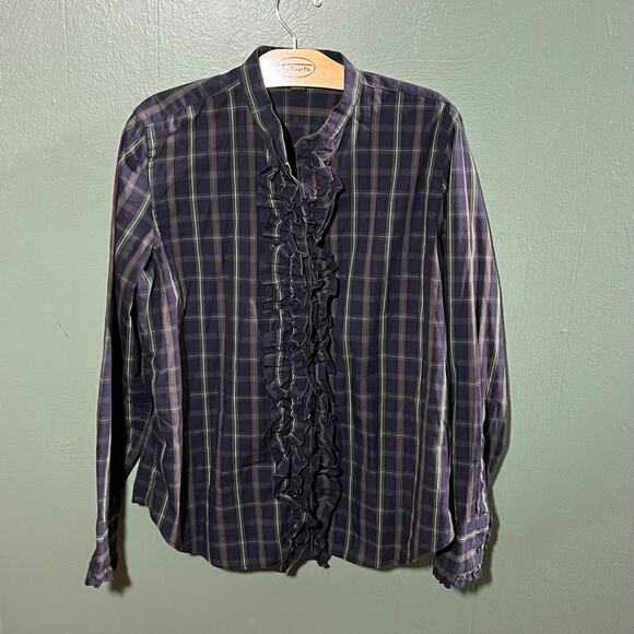 Chaps womens XL blue Plaid Ruffle Front Cotton Shirt Long Sleeve - Picture 2 of 5
